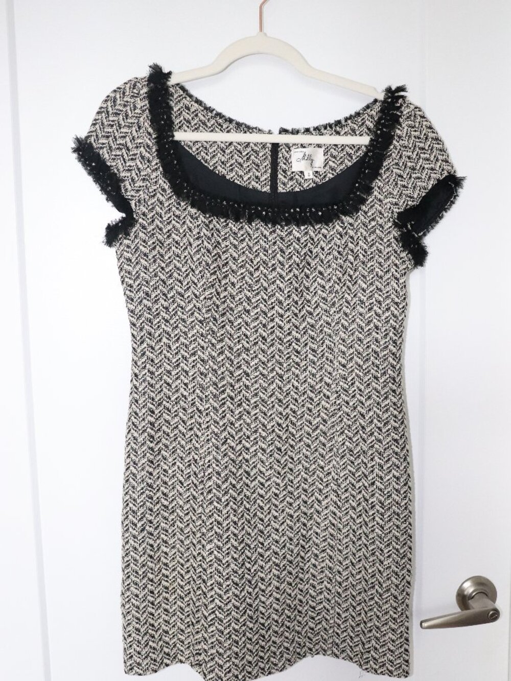 Milly Black White Herringbone Fringe Trim Cap Sleeve Dress Size 6